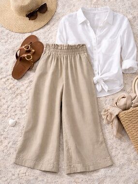 Shore Linen Blend Wide Leg Pants XS Beige Elastic Waist Cropped Palazzo Coastal